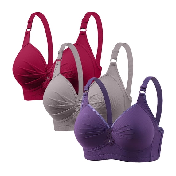 Besolor 3pc Plus Size Bras for Women High Support Full Coverage Gathered No Underwire Comfy Adjustable Strap Everyday Bralettes(X-Large,Wine)