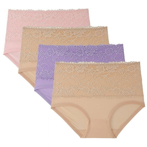 Besolor 4 Pack Women's High Waisted Lace Underwear Plus Size No Show Panties Soft Breathable Ladies Briefs M-5XL