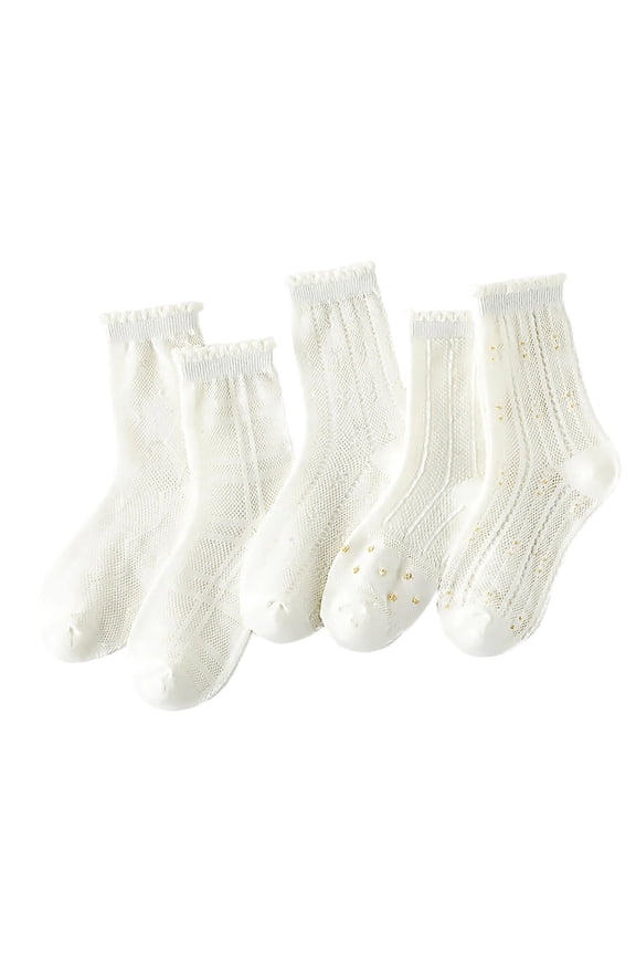 5 Pairs Toddler Girls Crew Sock Kids Frilly Cute Flower Printed Thin Mesh Summer Cotton Dress Socks 3-14 Years