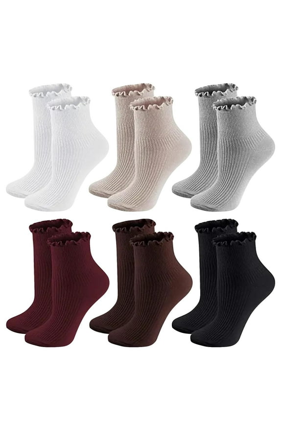 6 Pairs Womens Socks Ruffle Turn-Cuff Casual Ankle Socks Breathable Knit Cotton Lettuce Crew Frilly Sock