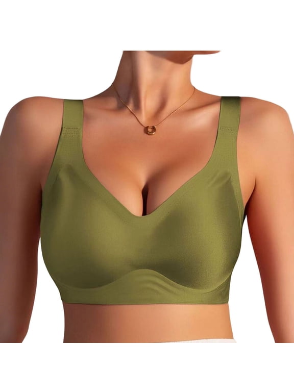 Bras for Women Deep V Neck Seamless No Underwire Full Coverage Gathered Satin Comfy Everyday Bralettes(XX-Large,Green)