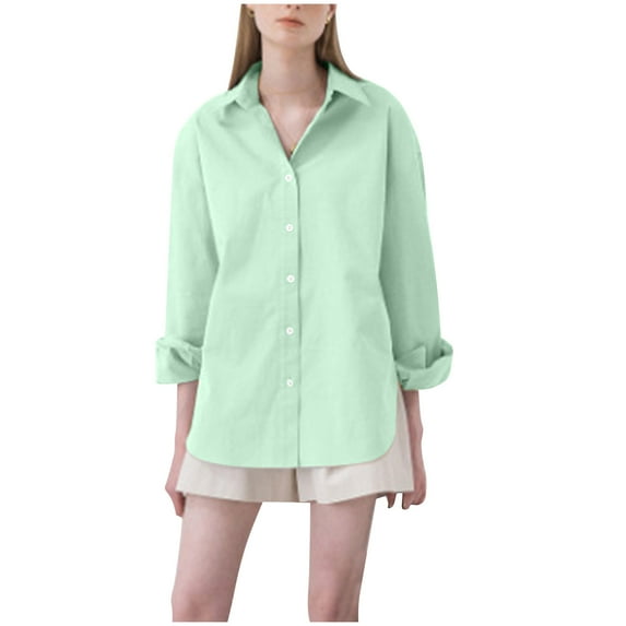Besolor Button down Shirt for Women Lapel Long Sleeve Oversized Work Office Blouse Casual Solid Color Fall Tops