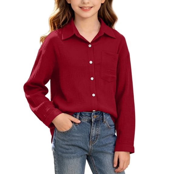 Besolor Button down Shirts for Kids Girls Lightweight Breathable Casual Lapel Collar Long Sleeve Tops Jacket with Pocket(9-10 Years,Wine)