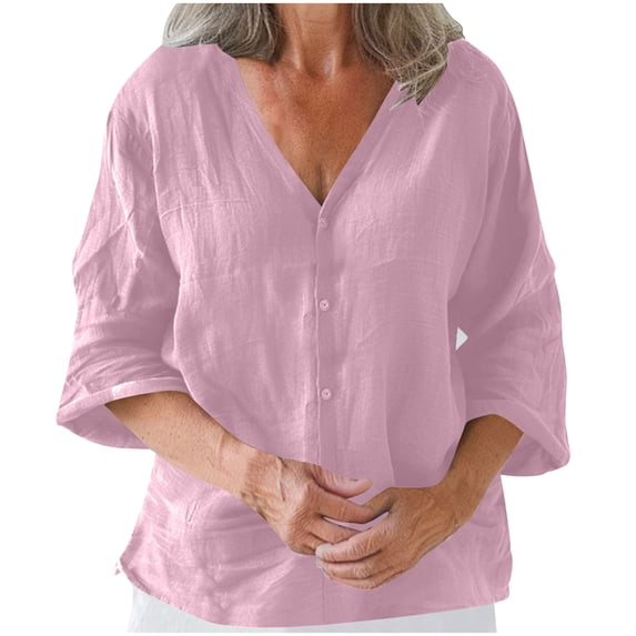 Besolor Button down Shirts for Women Cotton Linen Lightweight Casual V Neck 3/4 Sleeve Tops Summer Thin Breathable Shirt
