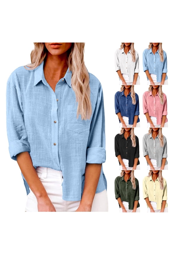 Womens Long Sleeve Button down Shirts Lapel Plus Size Cotton Linen Tops Causal Loose Summer Fall Blouse Tees