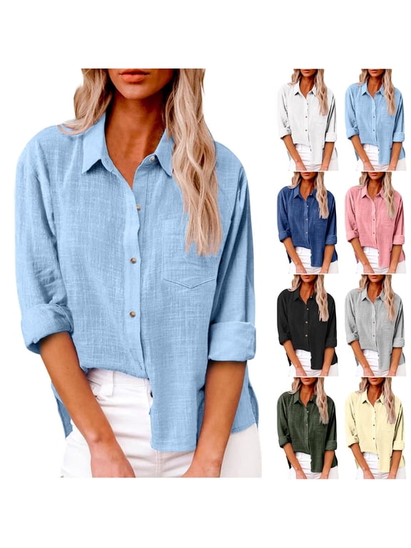 Womens Long Sleeve Button down Shirts Lapel Plus Size Cotton Linen Tops Causal Loose Summer Fall Blouse Tees