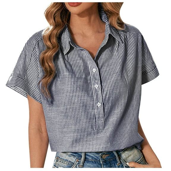 Besolor Button down Shirts for Women Striped Lapel Short Sleeve Summer Tops Casual Work Going out Blouse Tee Ladies Clothes