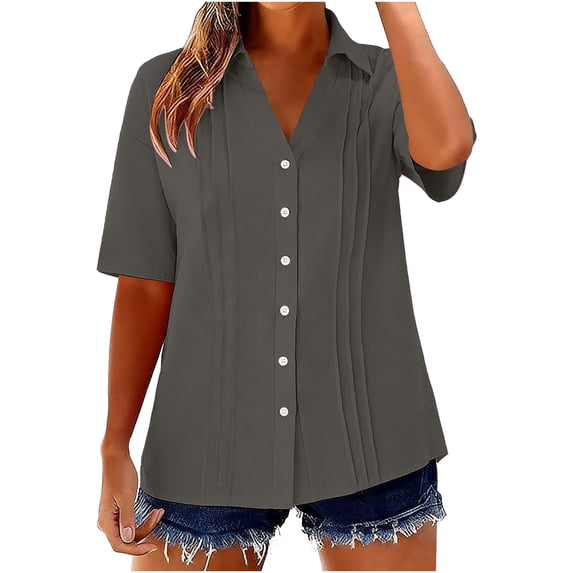 Besolor Button down Shirts for Women Summer Casual Lapel Collar Short Sleeve Shirt Front Pleated Cotton Linen Lightweight Blouses Tops