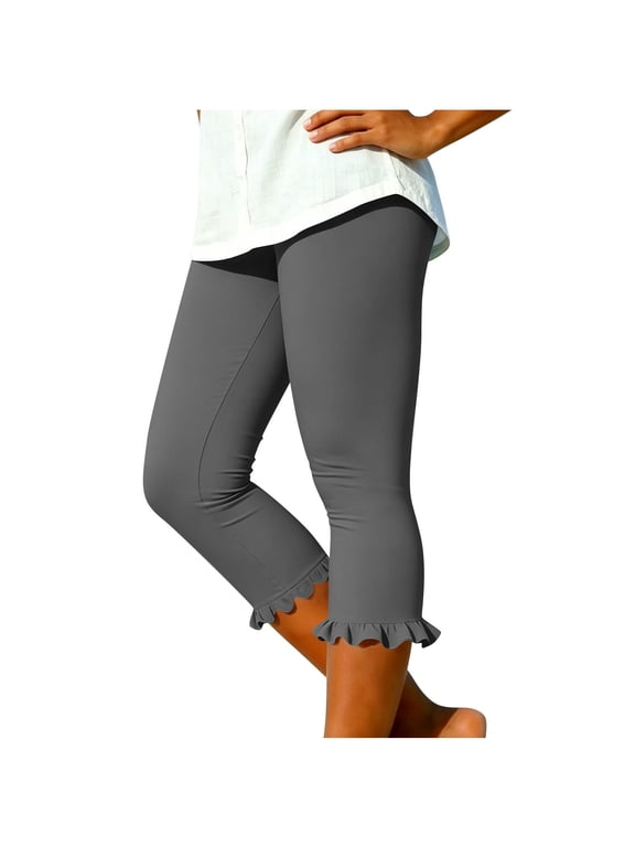 Capri Leggings for Women Elastic Waisted Ruffle Hem Stretch Slim Casual Athletic Workout Gym Yoga Capris Pants