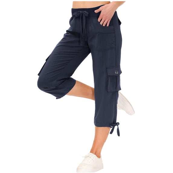 Besolor Capri Pants for Women Cargo Capris Elastic Drawstring High Waisted Straight Leg Cropped Hiking Pants with Pockets