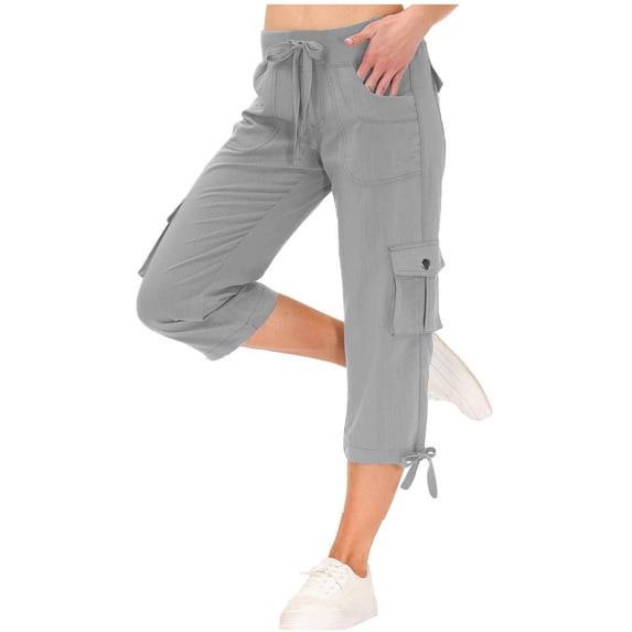 Besolor Capri Pants for Women Cargo Capris Elastic Drawstring High Waisted Straight Leg Cropped Hiking Pants with Pockets