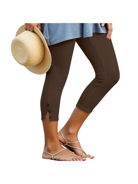 Capris Leggings for Women Elastic High Waist Stretch Slim Fitting Side Button Comfy Bottom Gym Yoga Capri Pants