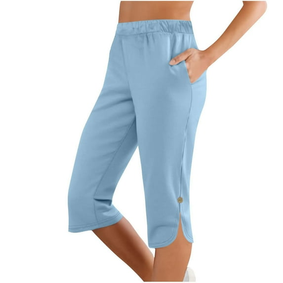 Besolor Capris Pants for Women Solid Color Elastic Waist Button Stretch Drawstring Summer Pants with Pockets