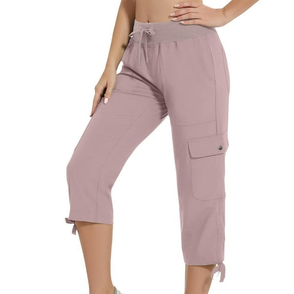 Besolor Cargo Capri Pants for Women Casual Elastic Waist Drawstring Joggers Outdoor Hiking Cropped Pants with Pockets