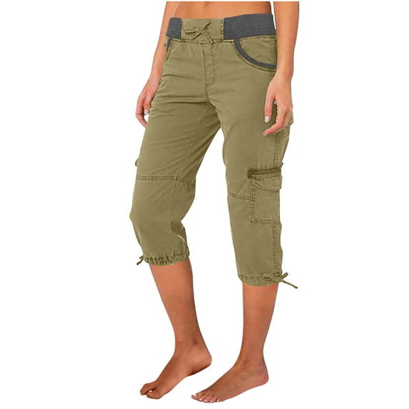 Besolor Cargo Capri Pants for Women Drawstring Elastic High Waisted Streetwear Cropped Juniors Cargos with Multi Pockets
