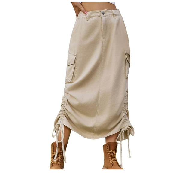 Besolor Cargo Long Skirts for Women Trendy High Waisted Vintage Drawstring Maxi Skirt with Flap Pockets