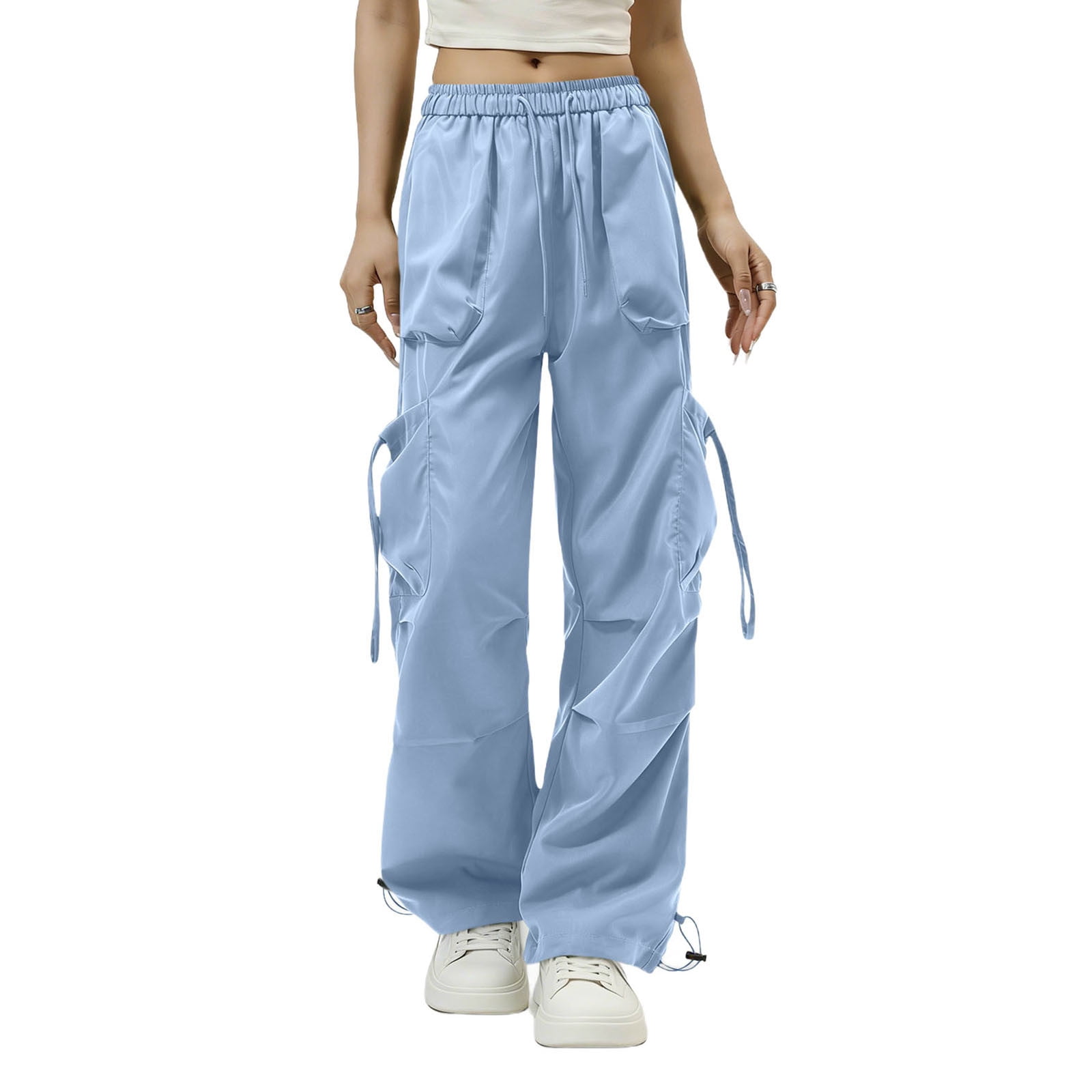 Besolor Cargo Pants Women High Waisted Elastic Drawstring Wide Leg Pant ...