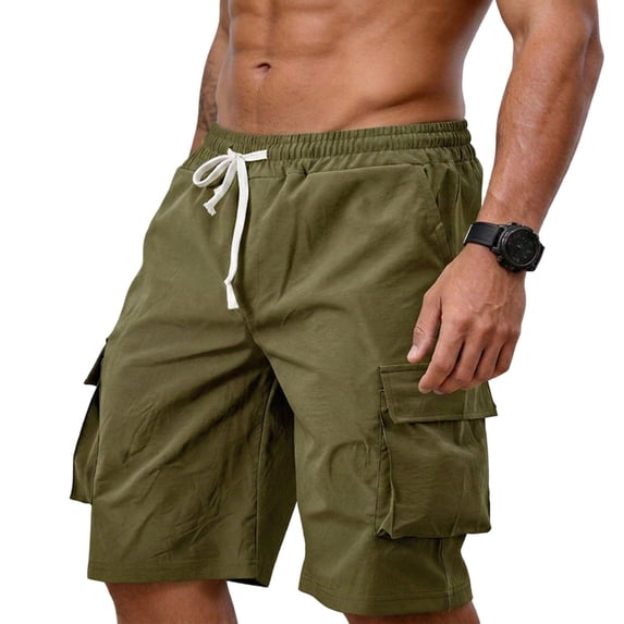Besolor Cargo Shorts for Men Elastic Waisted Drawstring Lightweight Casual Outdoor Hiking Workout Knee Length Shorts with Multi-pocket(Medium,Army Green)