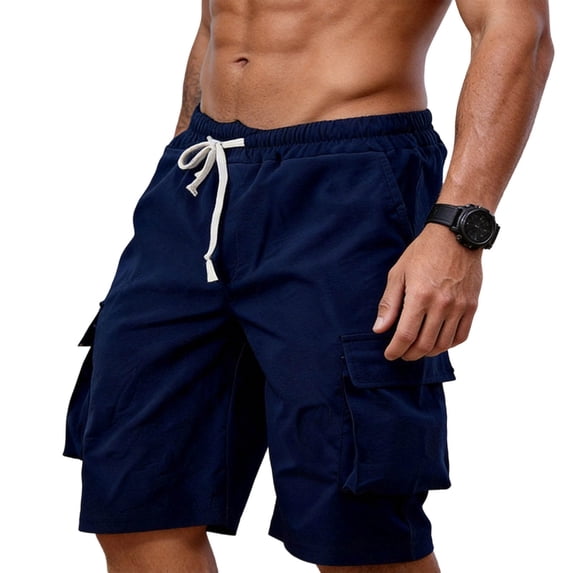 Besolor Cargo Shorts for Men Elastic Waisted Drawstring Lightweight Casual Outdoor Hiking Workout Knee Length Shorts with Multi-pocket(X-Large,Navy)