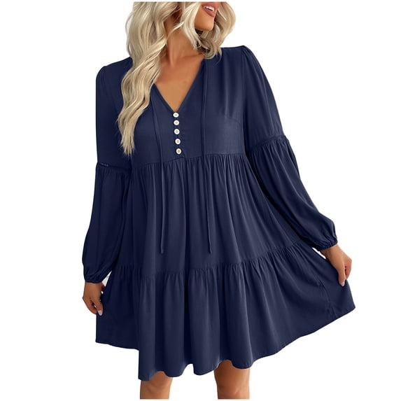 Besolor Casual Dresses for Women V Neck Button Long Sleeve Fall Spring Dresses Ruffle A Line Flowy Vacation Mini Dress