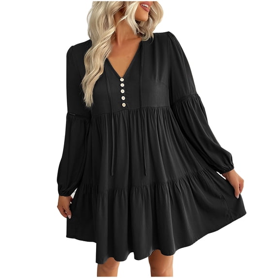 Besolor Casual Dresses for Women V Neck Button Long Sleeve Fall Spring Dresses Ruffle A Line Flowy Vacation Mini Dress