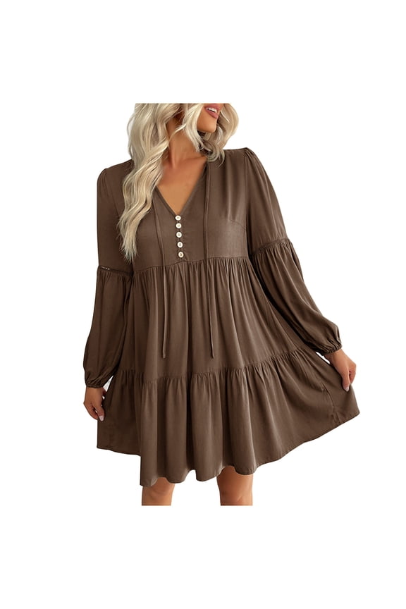 Casual Dresses for Women V Neck Button Long Sleeve Fall Spring Dresses Ruffle A Line Flowy Vacation Mini Dress