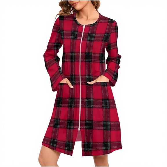 Besolor Christmas Robes for Women Printed Long Sleeve Crewneck Bathrobes Comfy Nightgown Sleepwear with Pockets