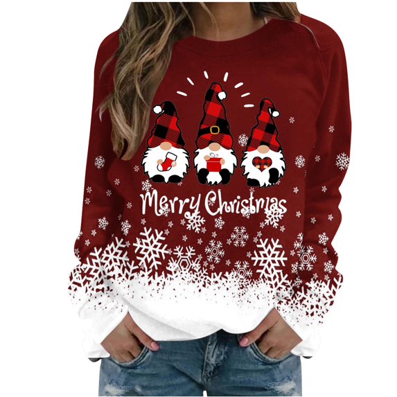 Besolor Christmas Sweatshirts for Women Printed Crewneck Long Sleeve Graphic Blouse Casual Loose Xmas Pullover Tops