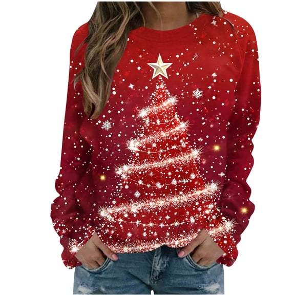 Besolor Christmas Sweatshirts for Women Printed Crewneck Long Sleeve Graphic Blouse Casual Loose Xmas Pullover Tops