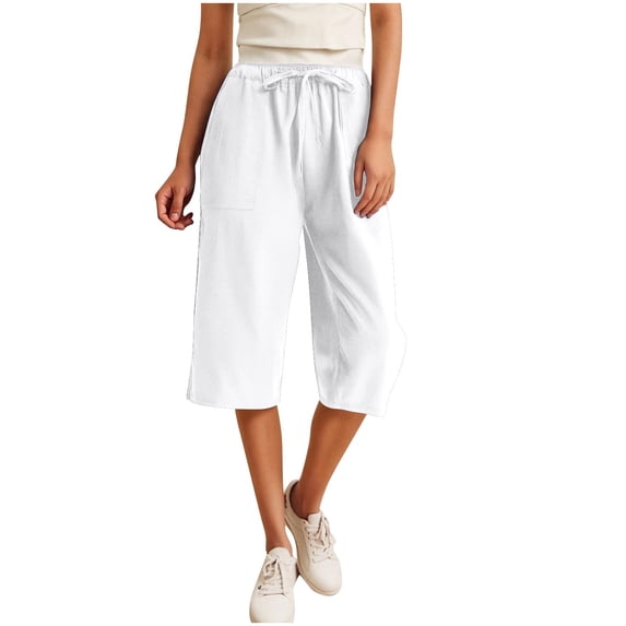 Besolor Cotton Linen Capri Pants for Women Summer Drawstring High Waisted Wide Leg Cropped Trousers Plus Size