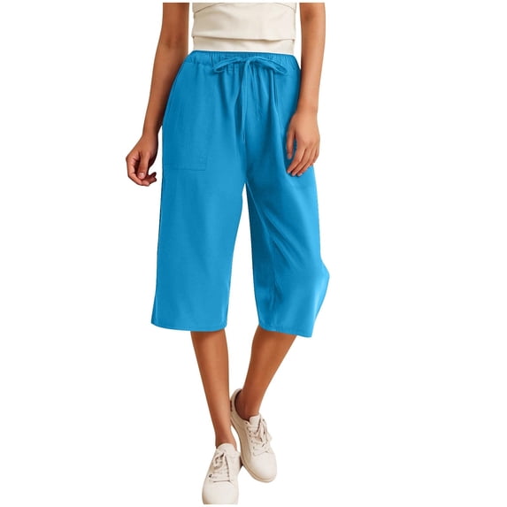Besolor Cotton Linen Capri Pants for Women Summer Drawstring High Waisted Wide Leg Cropped Trousers Plus Size