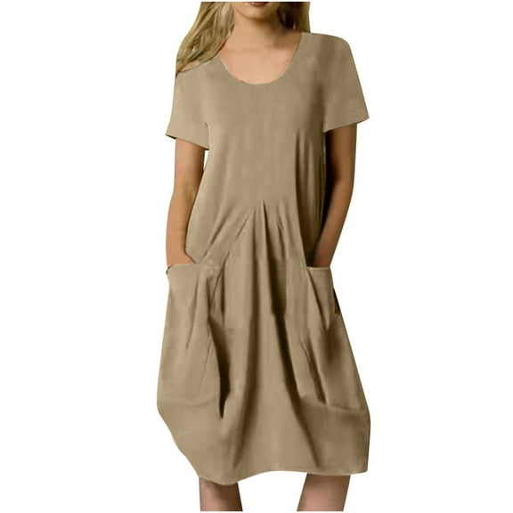 Besolor Cotton Linen Dress for Women Crewneck Short Sleeve Sundress Casual Loose Summer Midi Dresses with Pockets