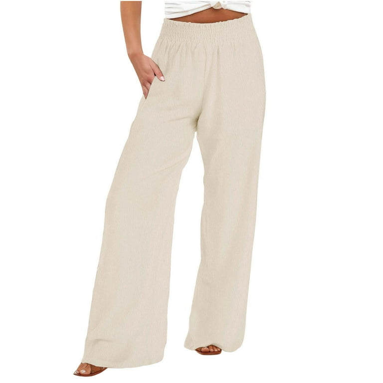 Besolor Cotton Linen Lounge Pants for Women Casual Baggy Elastic Waist Wide Leg Beach Trousers Plain Flowy Pockets Pants Walmart