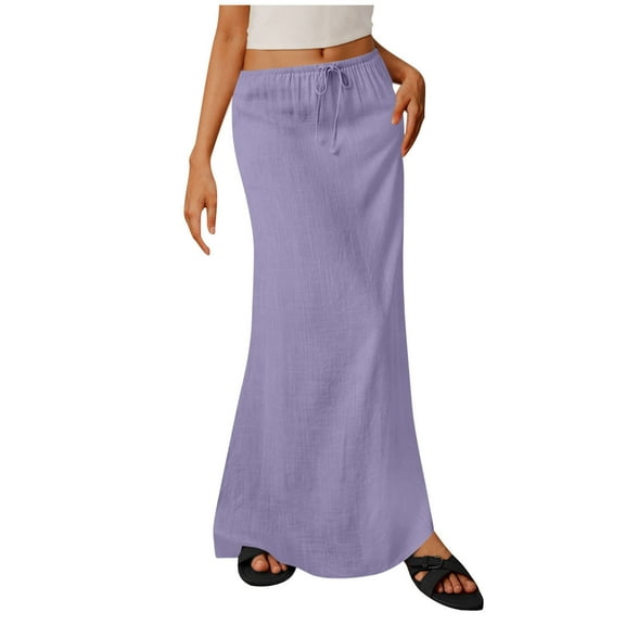 Besolor Cotton Linen Maxi Skirts for Women Elastic Waist Drawstring Beach Vacation Boho Flowy Long Skirts