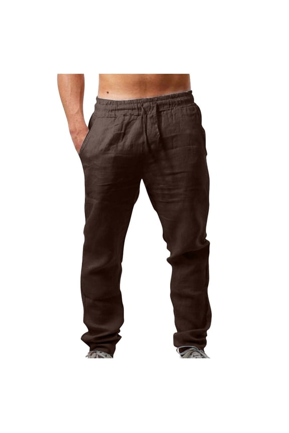 Cotton Linen Pants for Men Elastic Waist Drawstring Straight Leg Pants Casual Loose Loungewear Trousers with Pockets