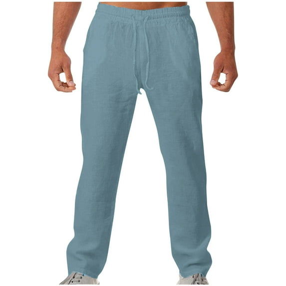Besolor Cotton Linen Pants for Men Elastic Waist Drawstring Straight Leg Pants Casual Loose Lounge Trousers with Pockets