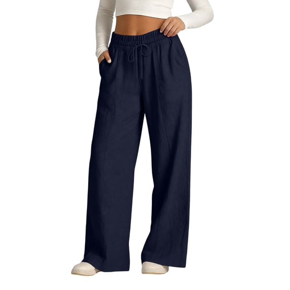 Besolor Cotton Linen Pants for Women Drawstring Elastic Waisted Lightweight Casual Wide Leg Sweatpants with Pockets(XX-Large,Navy)