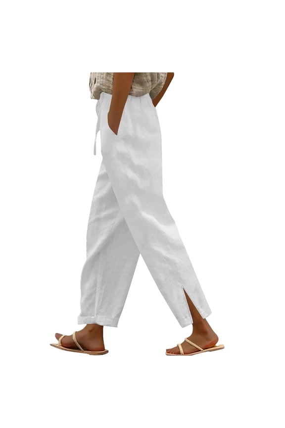 Womens Cotton Linen Pants Summer Elastic Waist Drawstring Split Hem Straight Leg Loungewear Pants with Pockets