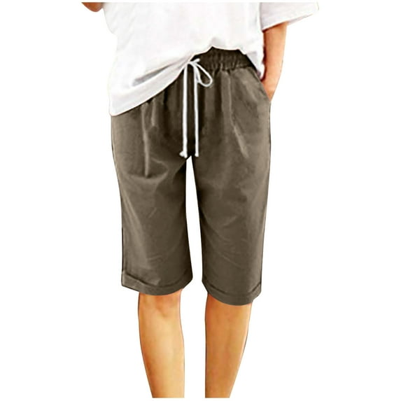 Besolor Cotton Linen Shorts for Women Casual Elastic Waist Drawstring Summer Plus Size Knee Length Shorts with Pockets