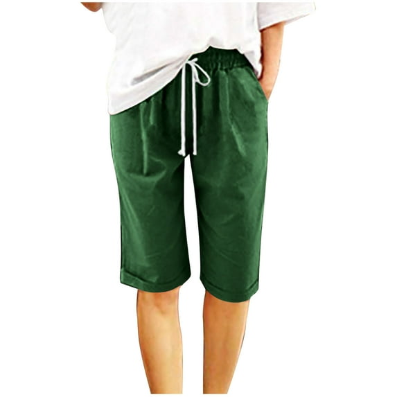 Besolor Cotton Linen Shorts for Women Casual Elastic Waist Drawstring Summer Plus Size Knee Length Shorts with Pockets
