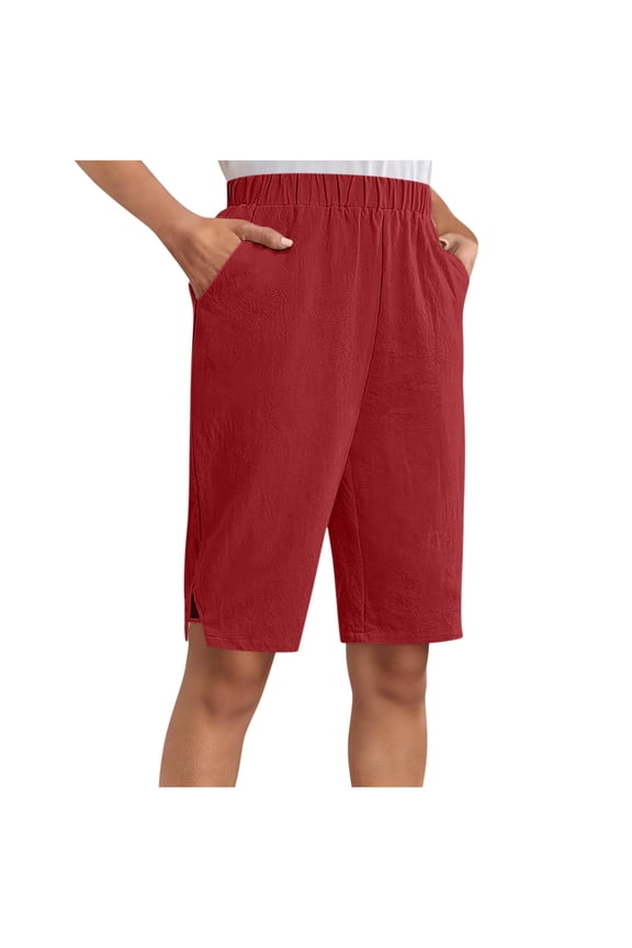 Cotton Linen Shorts for Women Elastic High Waisted Lightweight Summer Casual Short Slacks with Pockets