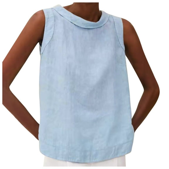 Besolor Cotton Linen Tank Tops for Women Casual Round Neck Sleeveless T-Shirts Solid Color Loose Summer Blouse Tees Blue