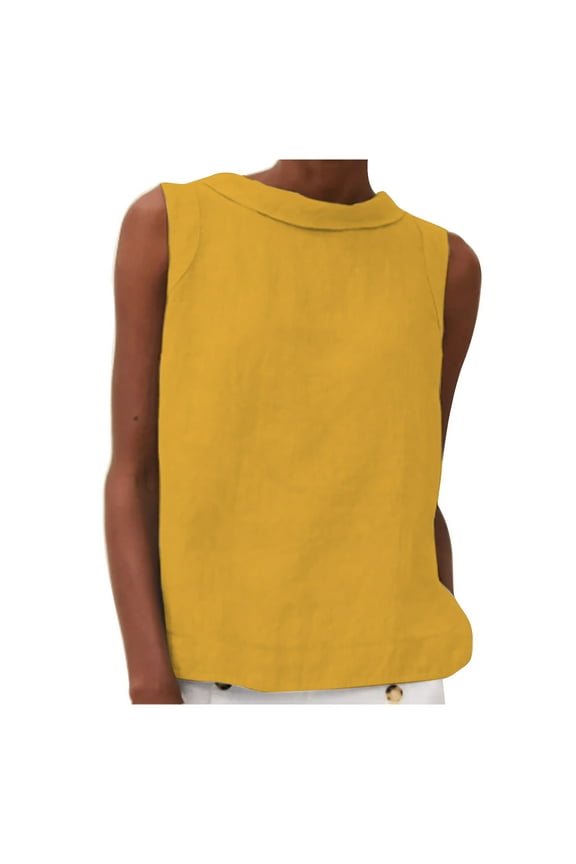 Cotton Linen Tank Tops for Women Casual Round Neck Sleeveless T-Shirts Solid Color Loose Summer Blouse Tees Gold