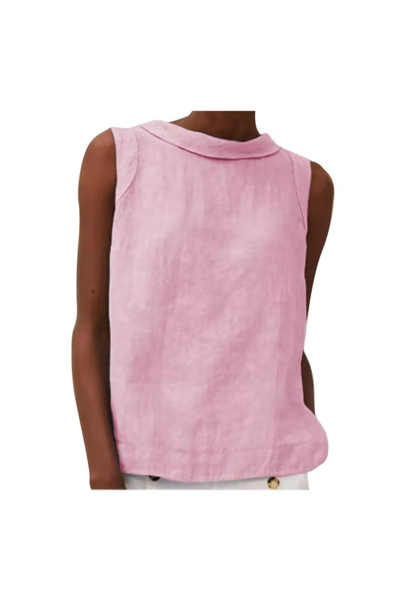 Cotton Linen Tank Tops for Women Casual Round Neck Sleeveless T-Shirts Solid Color Loose Summer Blouse Tees Pink