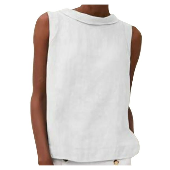 Besolor Cotton Linen Tank Tops for Women Casual Round Neck Sleeveless T-Shirts Solid Color Loose Summer Blouse Tees White