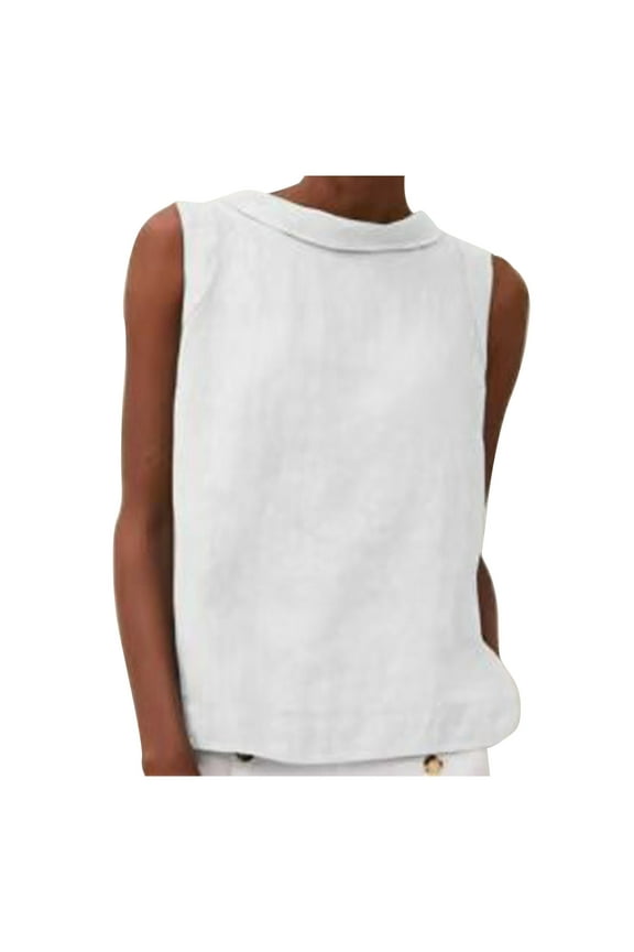 BLVB Cotton Linen Tank Tops for Women Casual Round Neck Sleeveless T-Shirts Solid Color Loose Summer Blouse Tees White