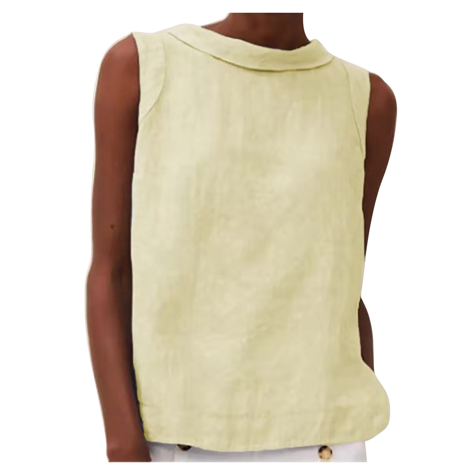 Cotton Linen Tank Tops for Women Casual Round Neck Sleeveless T-Shirts Solid Color Loose Summer Blouse Tees Yellow