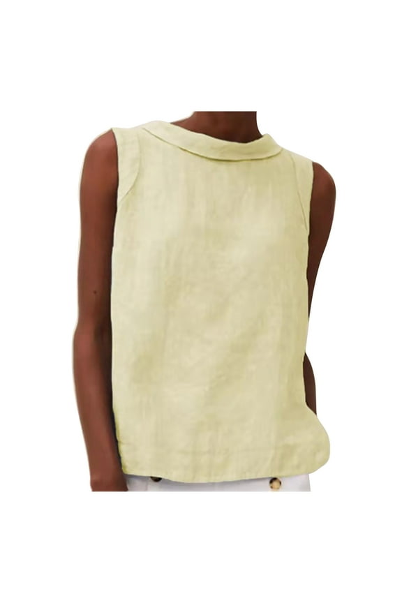 Cotton Linen Tank Tops for Women Casual Round Neck Sleeveless T-Shirts Solid Color Loose Summer Blouse Tees Yellow