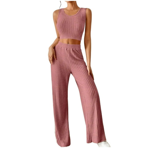 Besolor Cozy Lounge Set Womens Sleeveless Ribbed Crop Top Palazzo Pants - Loose Sweatsuit Knit 2 Piece Tracksuit