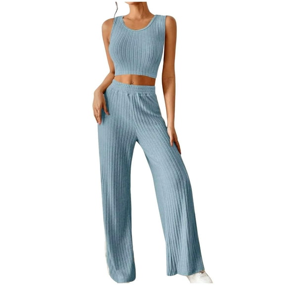 Besolor Cozy Lounge Set Womens Sleeveless Ribbed Crop Top Palazzo Pants - Loose Sweatsuit Knit 2 Piece Tracksuit